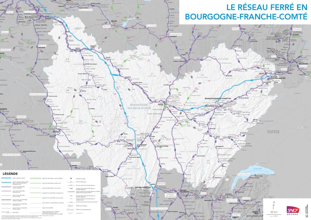 Carte du réseau ferré en Bourgogne-Franche-Comté.