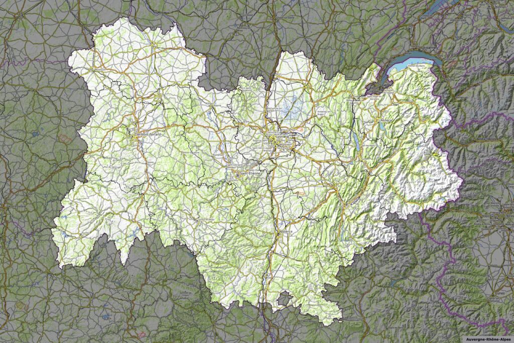 Carte physique d'Auvergne-Rhône-Alpes.