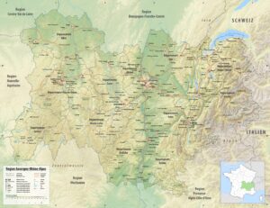 Carte topographique de la région Auvergne-Rhône-Alpes.