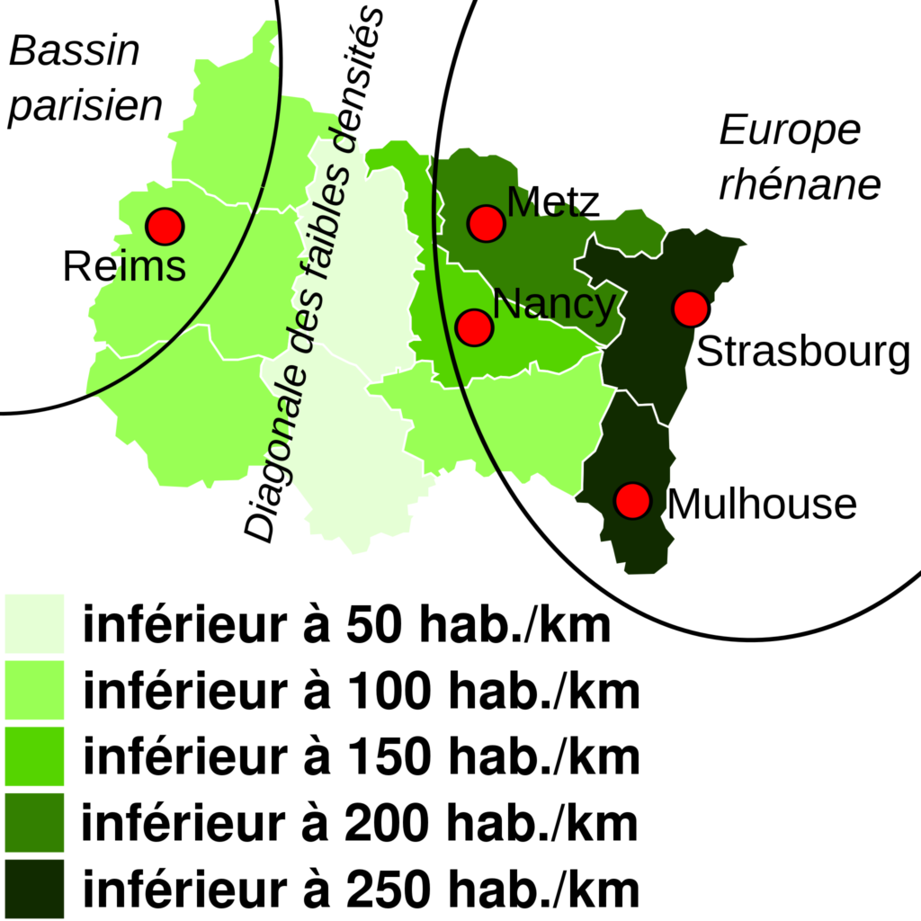 Carte de densité de population de la région Grand Est.