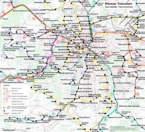Carte détaillée du réseau Transilien, Paris et environs.