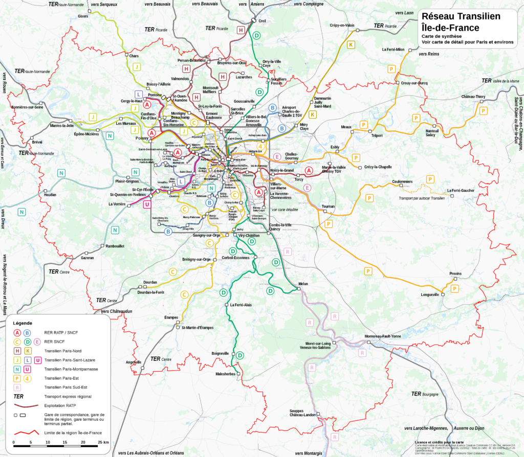 Plan du réseau de trains de banlieue d'Île-de-France.