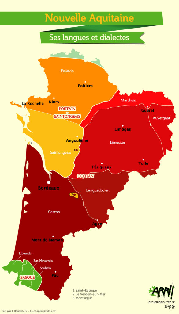 Carte linguistique de la Nouvelle-Aquitaine.