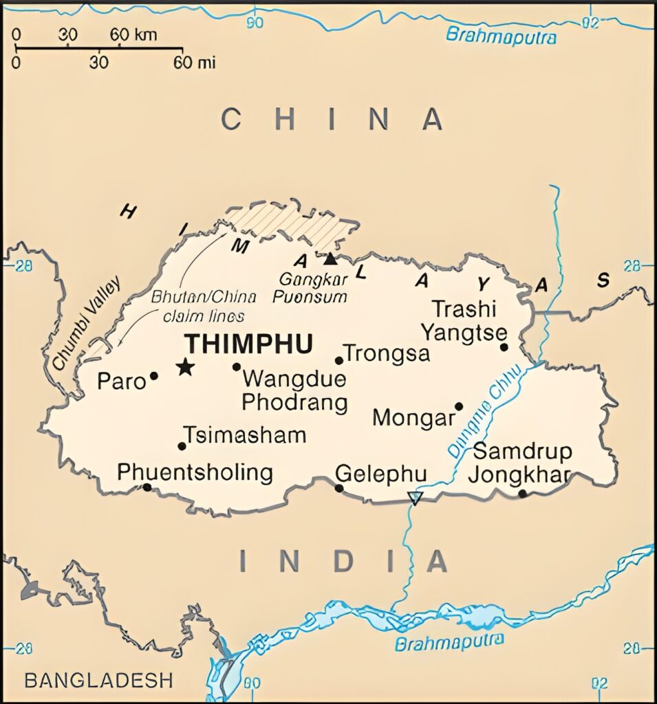 Carte des principales villes du Bhoutan