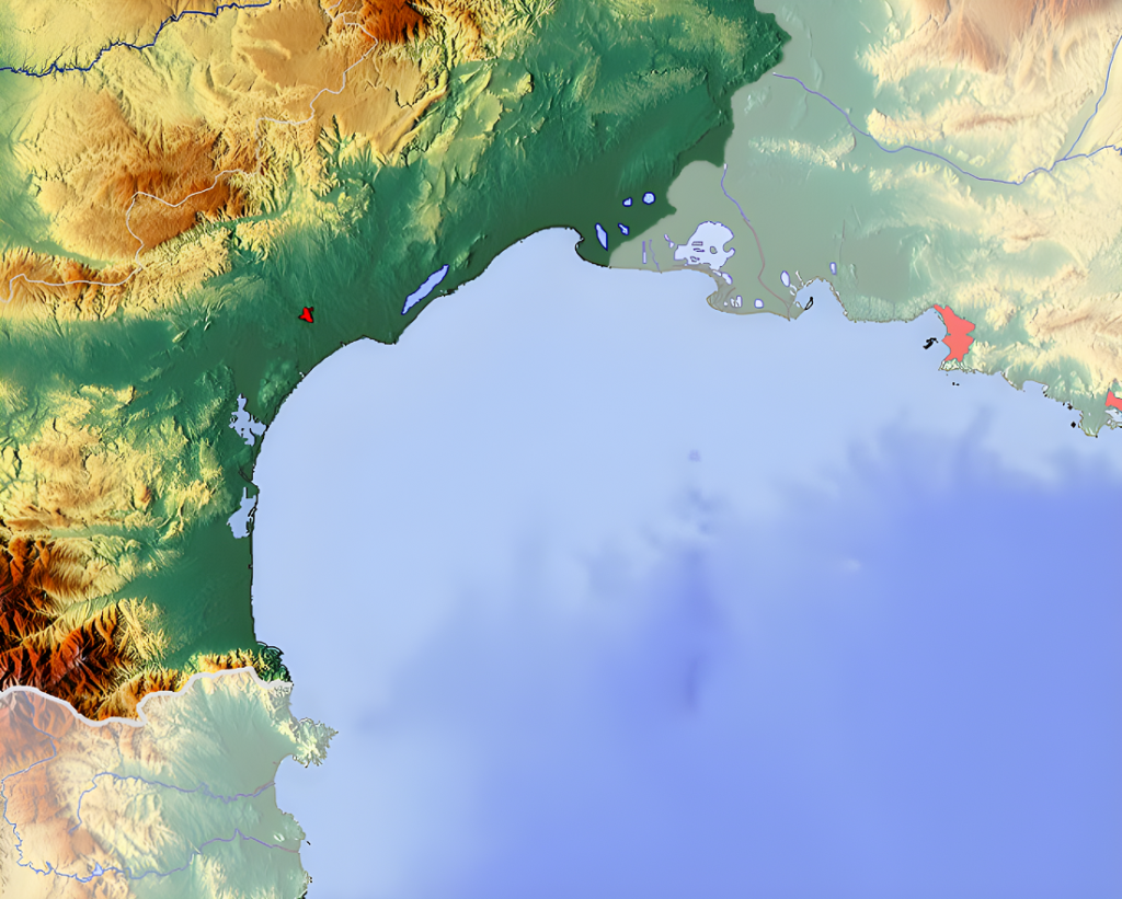 Carte topographique du littoral du Golfe du Lion.