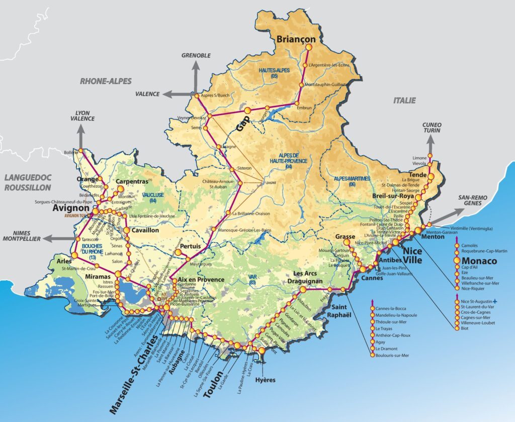 Carte ferroviaire Provence-Alpes-Côte d'Azur.