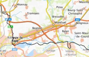 Carte du département de l'Ain dans les environs de Lyon.