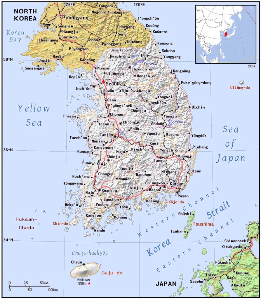 Carte des principales villes de Corée du Sud.