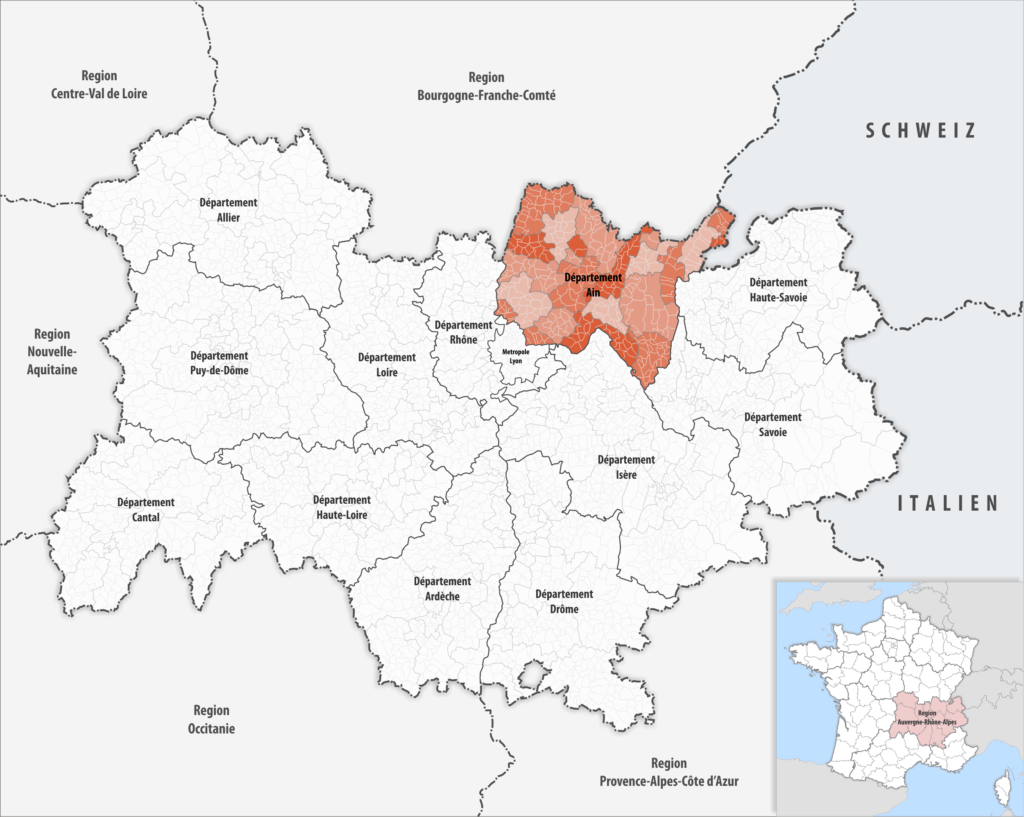 Carte de localisation de l'Ain dans la région Auvergne-Rhône-Alpes.