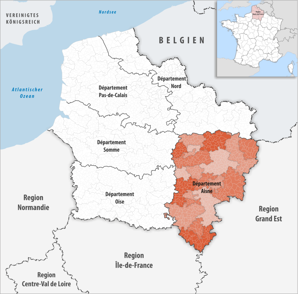 Carte de localisation de l'Aisne dans région Hauts-de-France.