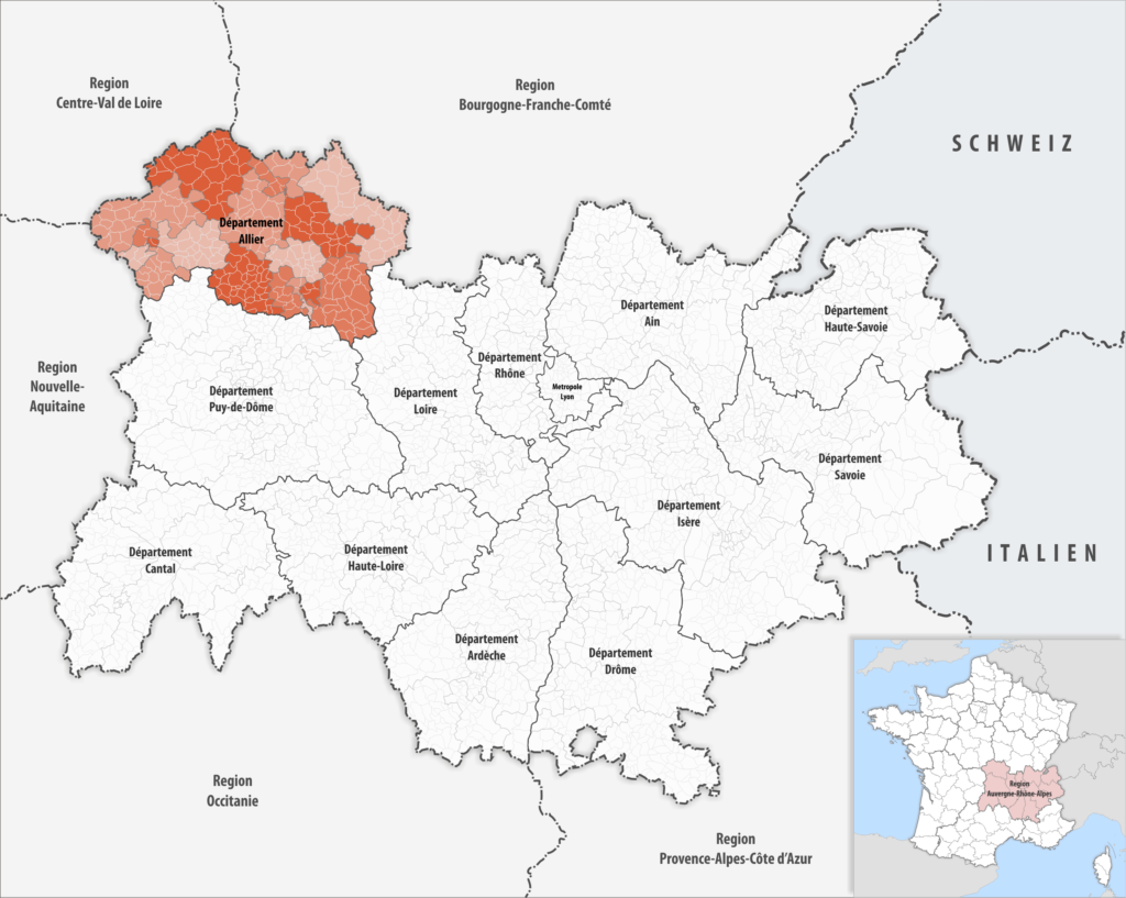 Carte de localisation de l’Allier dans la région Auvergne-Rhône-Alpes.