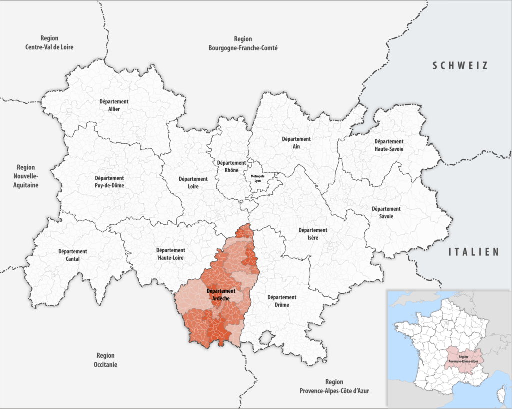 Carte de localisation de l’Ardèche dans la région Auvergne-Rhône-Alpes.