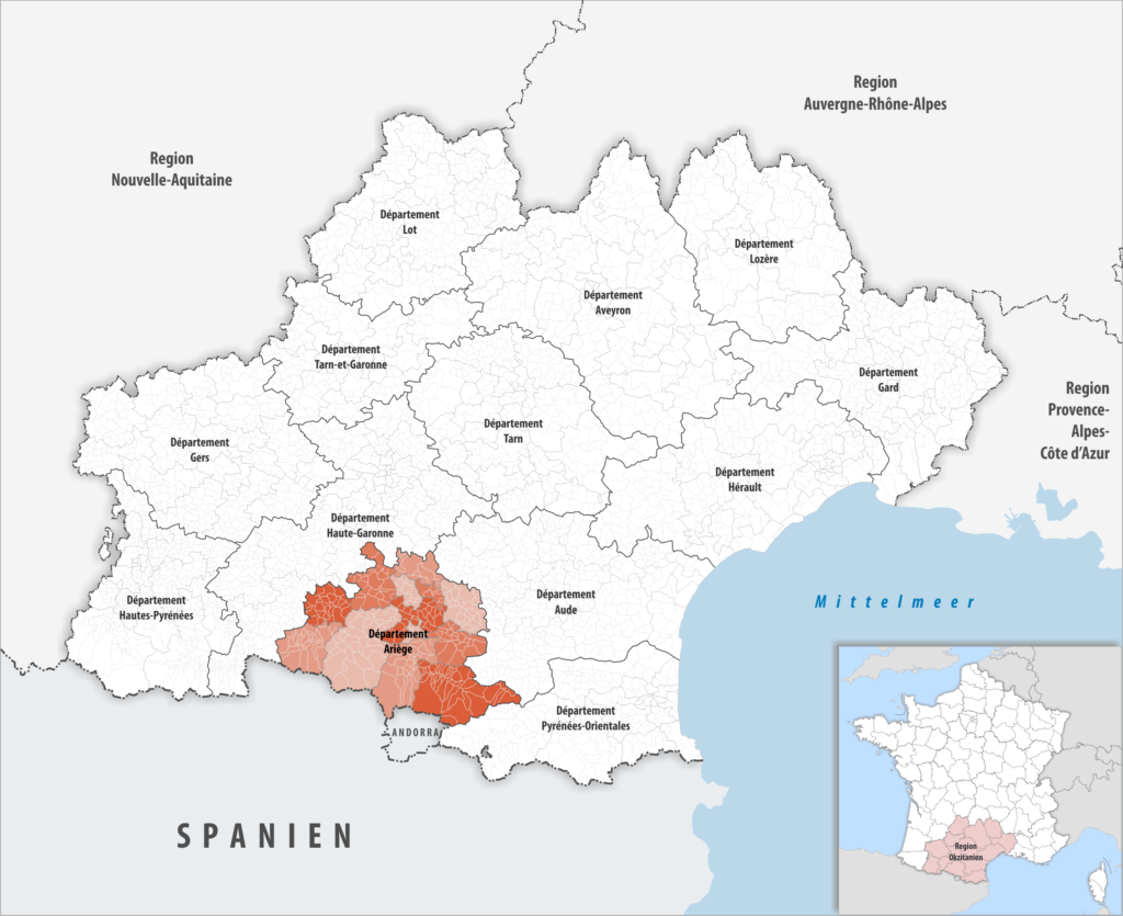 Carte de localisation de l’Ariège dans la région Occitanie.