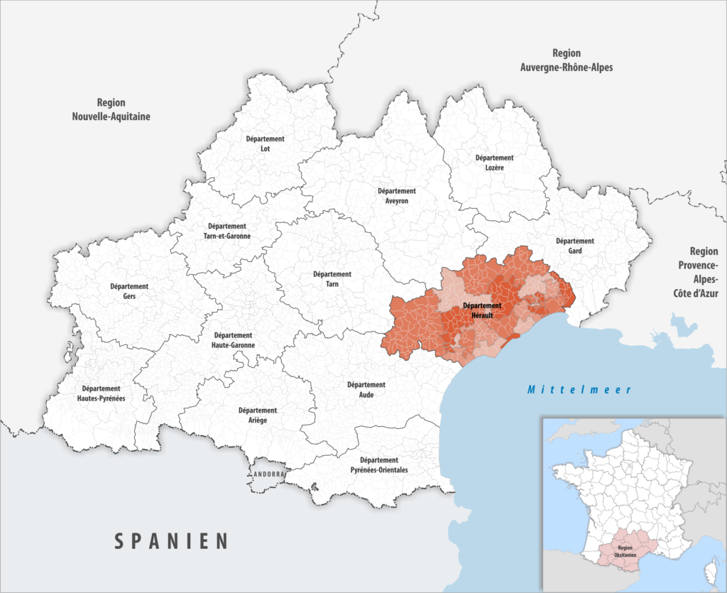 Carte de localisation de l’Hérault dans la région Occitanie.