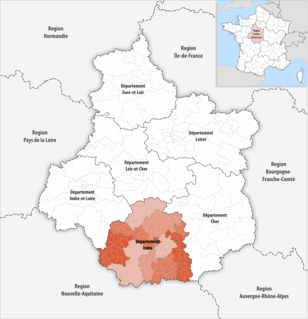 Carte de localisation de l’Indre dans la région Centre-Val de Loire.
