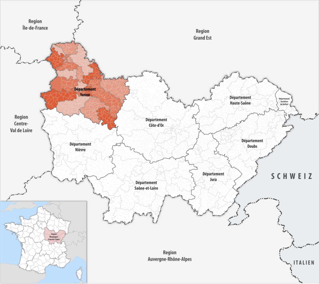 Carte de localisation de l’Yonne dans la région Bourgogne-Franche-Comté.