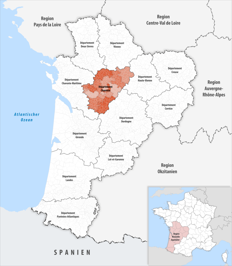 Carte de localisation de la Charente dans la région Nouvelle-Aquitaine.