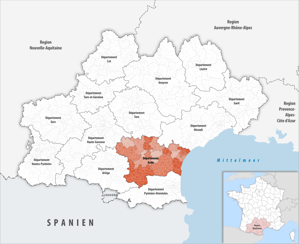Carte de localisation de l’Aude dans la région Occitanie.