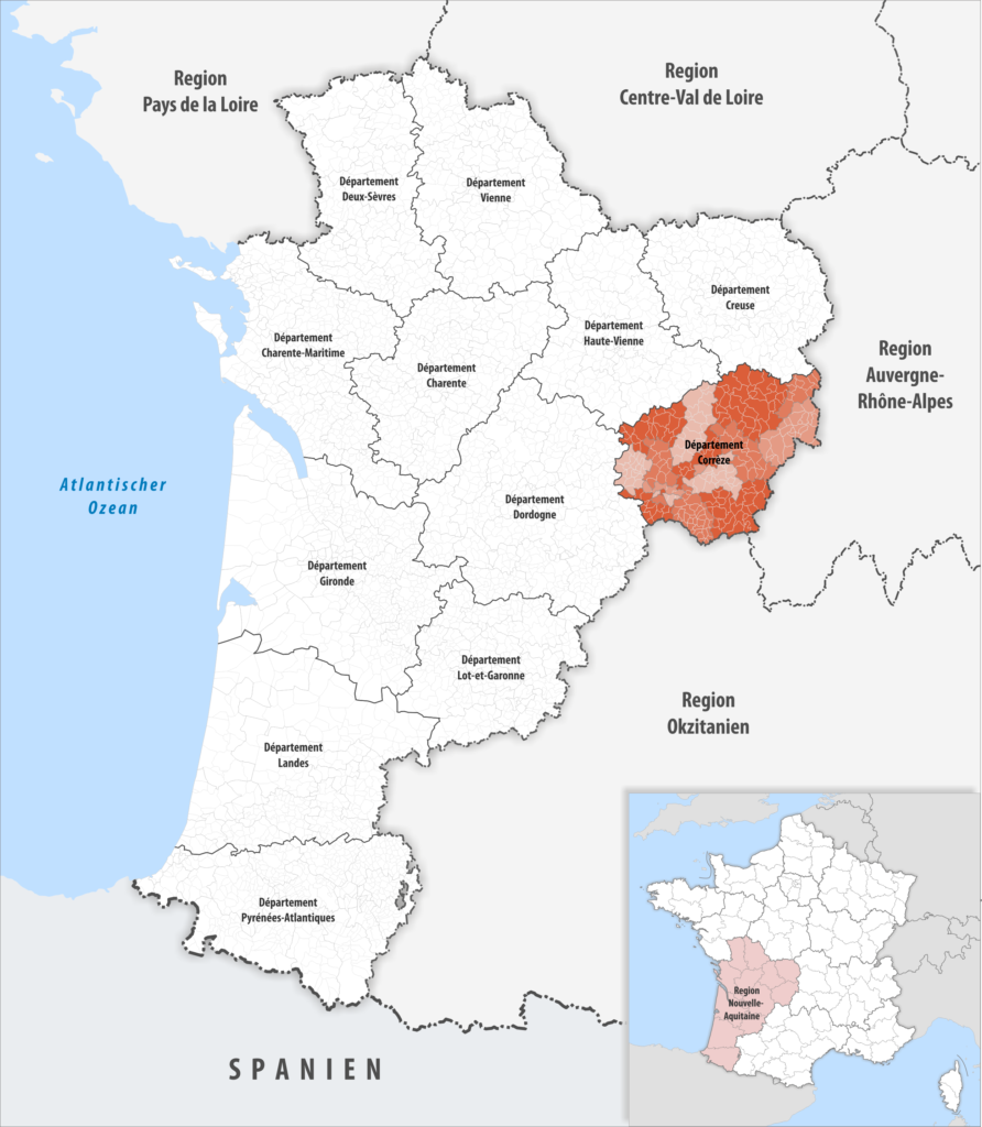 Carte de localisation de la Corrèze dans la région Nouvelle-Aquitaine.