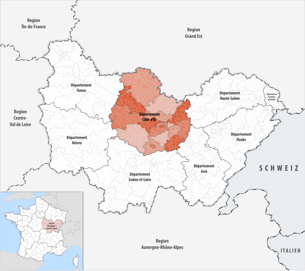 Carte de localisation de la Côte-d’Or dans la région Bourgogne-Franche-Comté.