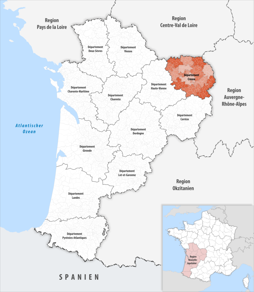 Carte de localisation de la Creuse dans la région Nouvelle-Aquitaine.