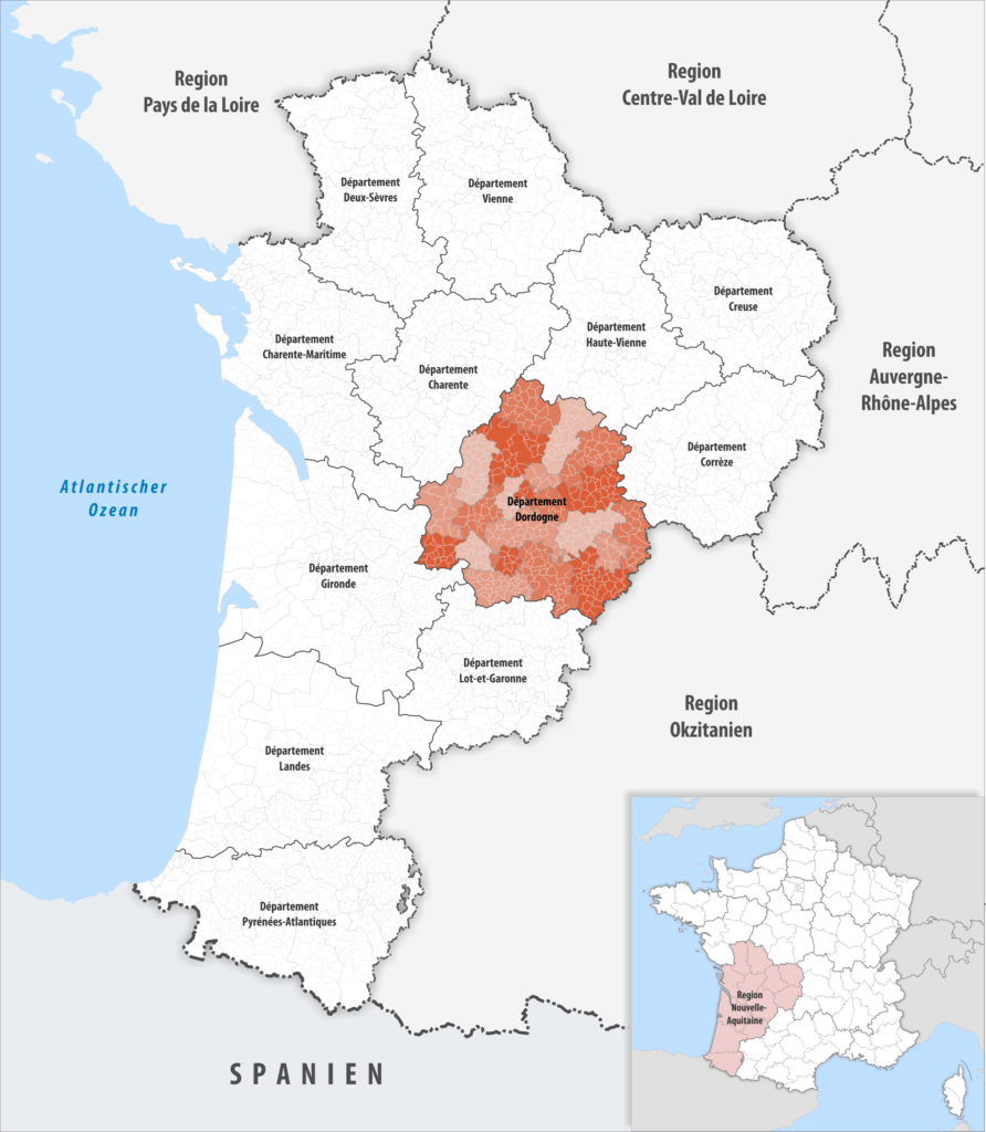 Carte de localisation de la Dordogne dans la région Nouvelle-Aquitaine.