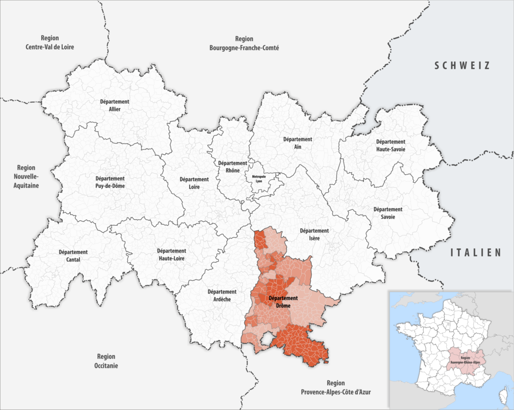 Carte de localisation de la Drôme dans la région Auvergne-Rhône-Alpes.
