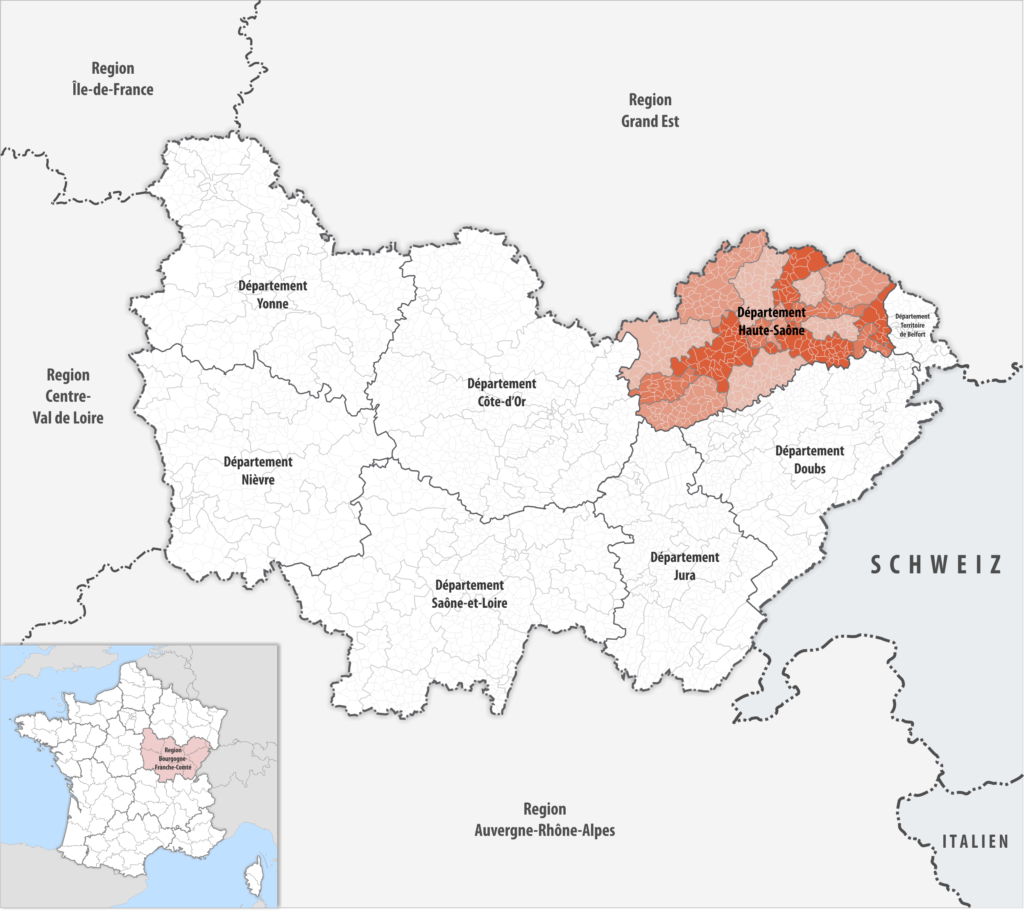 Carte de localisation de la Haute-Saône dans la région Bourgogne-Franche-Comté.