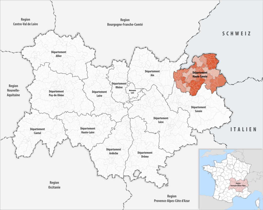 Carte de localisation de la Haute-Savoie dans la région Auvergne-Rhône-Alpes.
