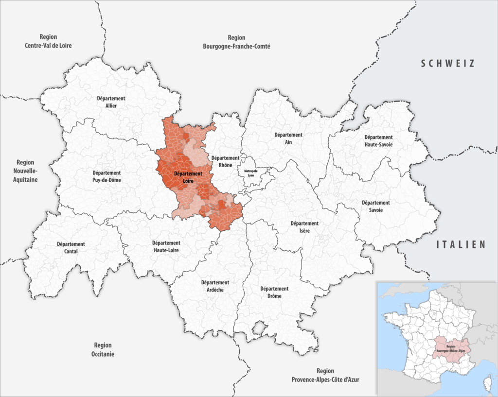 Carte de localisation de la Loire dans la région Auvergne-Rhône-Alpes.