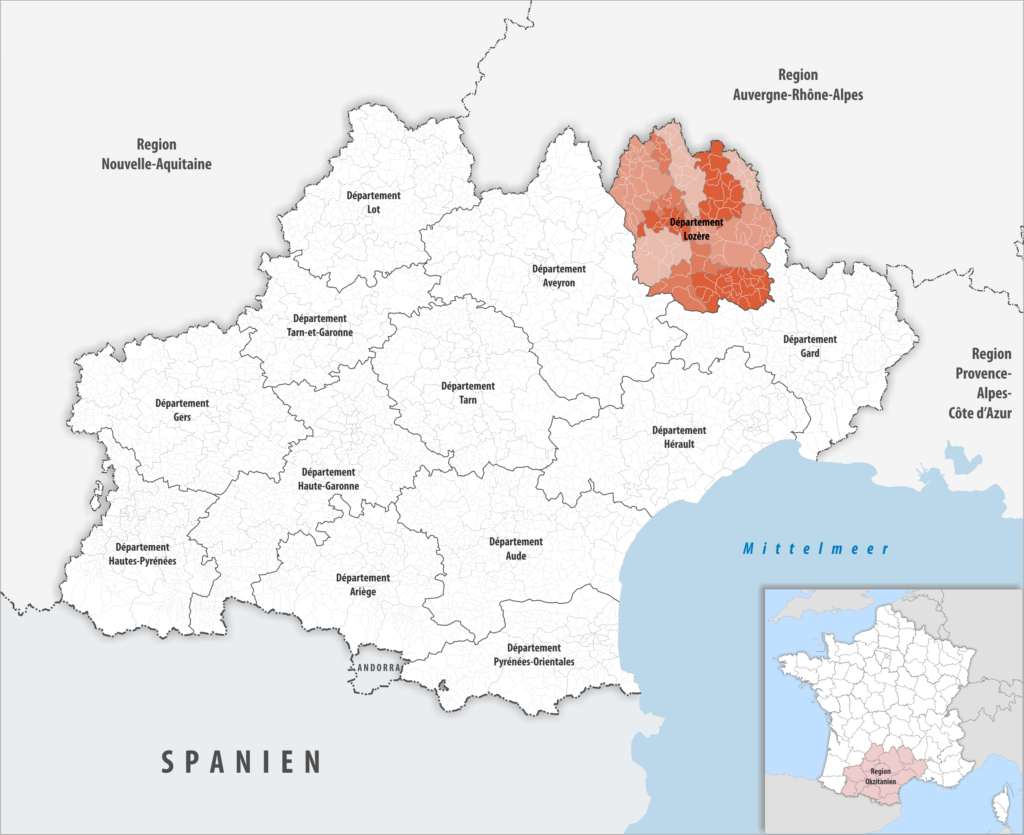 Carte de localisation de la Lozère dans la région Occitanie.