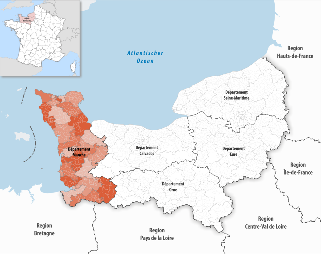 Carte de localisation de la Manche dans la région Normandie.