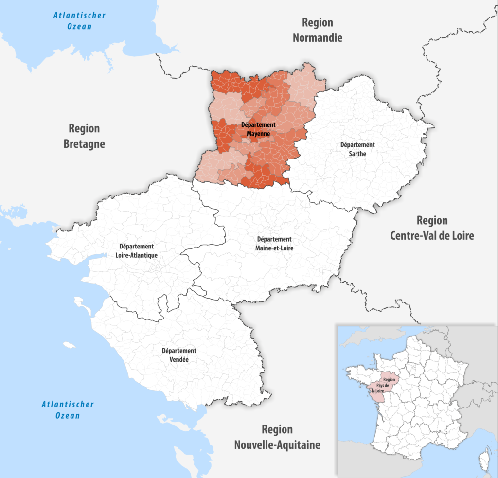 Carte de localisation de la Mayenne dans la région Pays de la Loire.