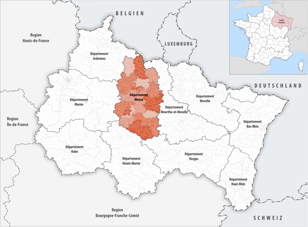 Carte de localisation de la Meuse dans la région Grand Est.