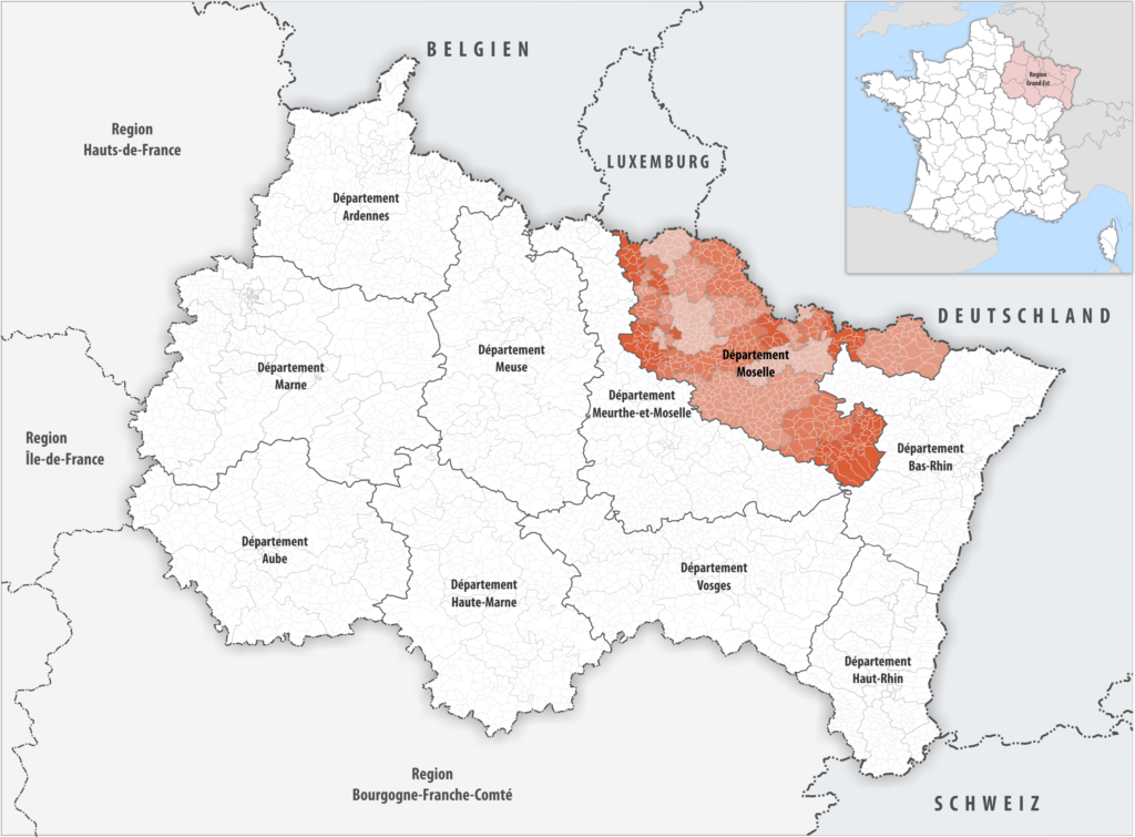 Carte de localisation de la Moselle dans la région Grand Est.