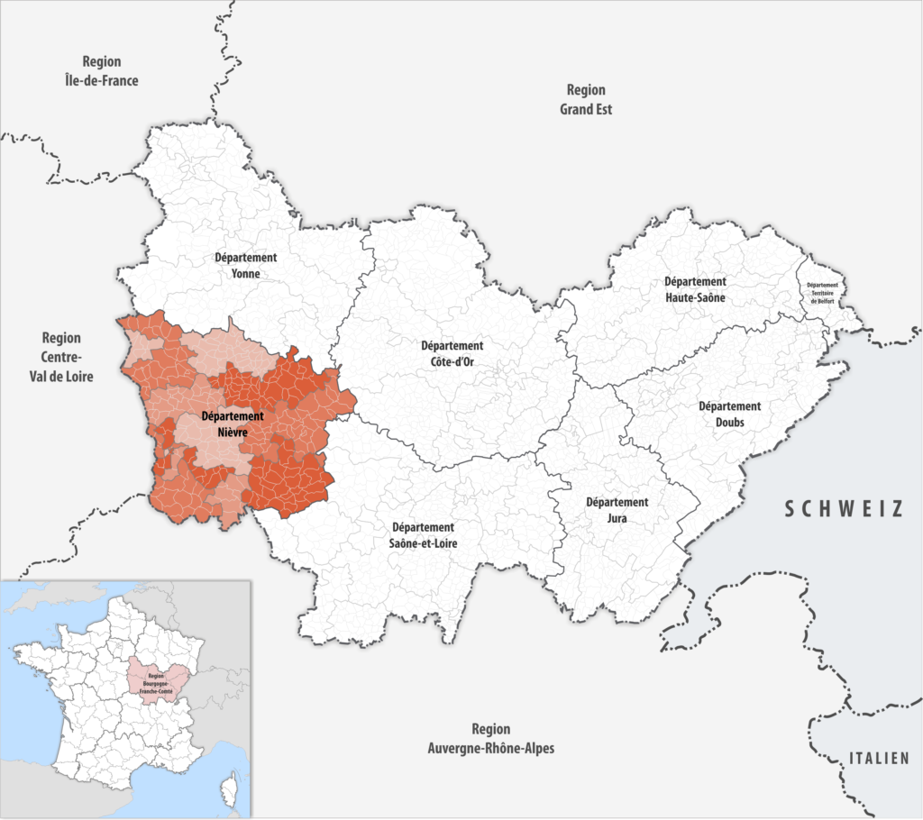 Carte de localisation de la Nièvre dans la région Bourgogne-Franche-Comté.