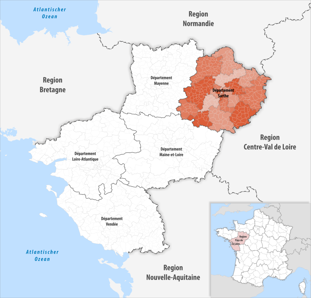Carte de localisation de la Sarthe dans la région Pays de la Loire.