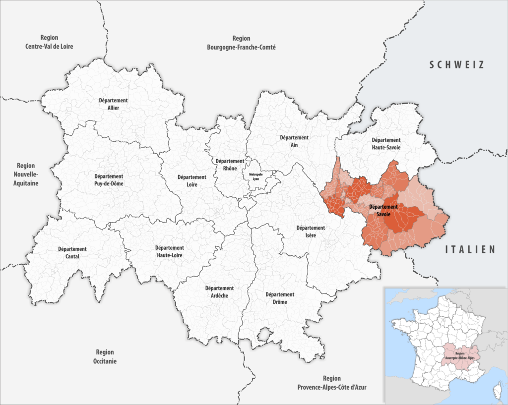 Carte de localisation de la Savoie dans la région Auvergne-Rhône-Alpes.