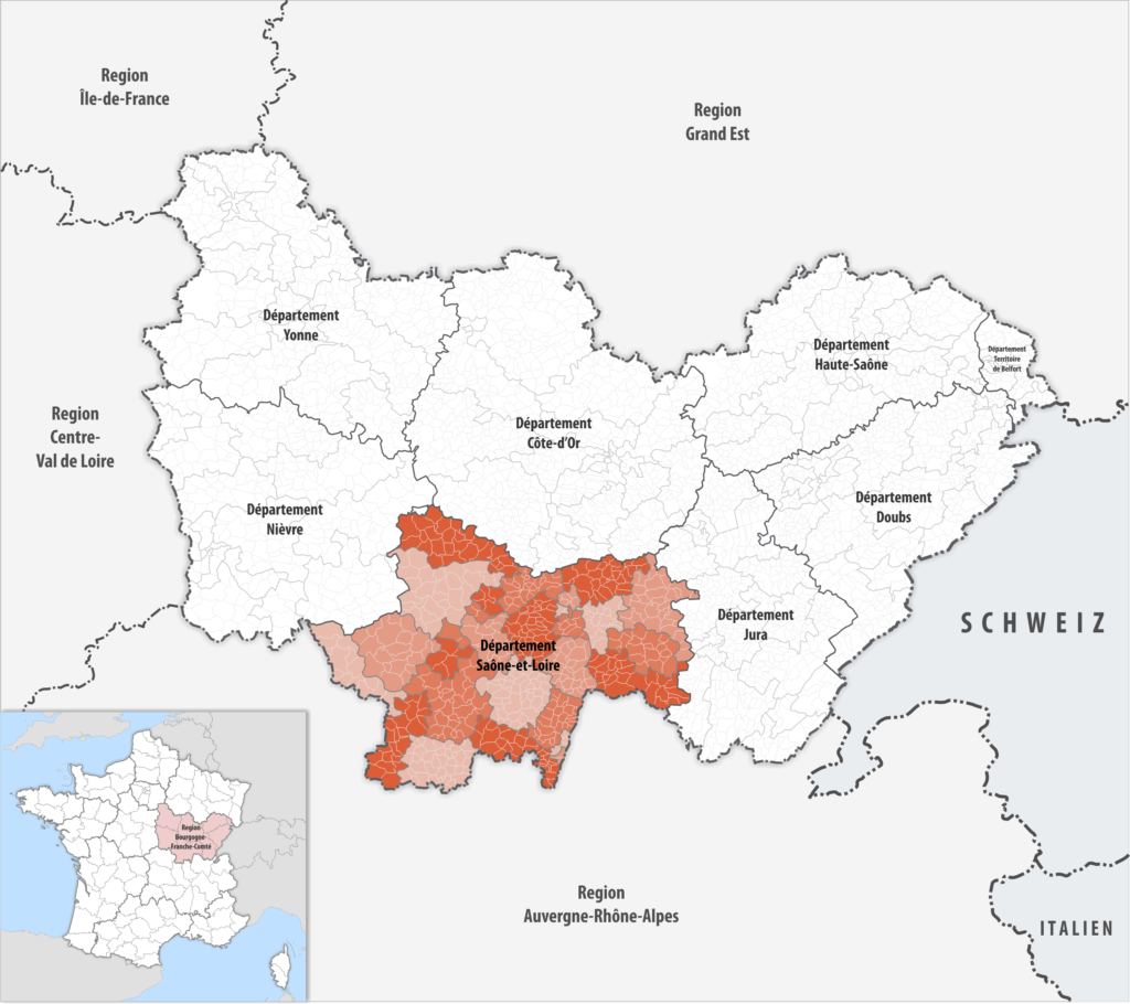 Carte de localisation de Saône-et-Loire dans la région Bourgogne-Franche-Comté.