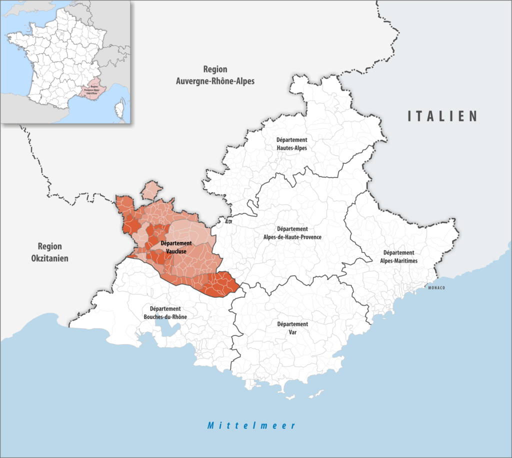 Carte de localisation du Vaucluse dans la région Provence-Alpes-Côte d'Azur.