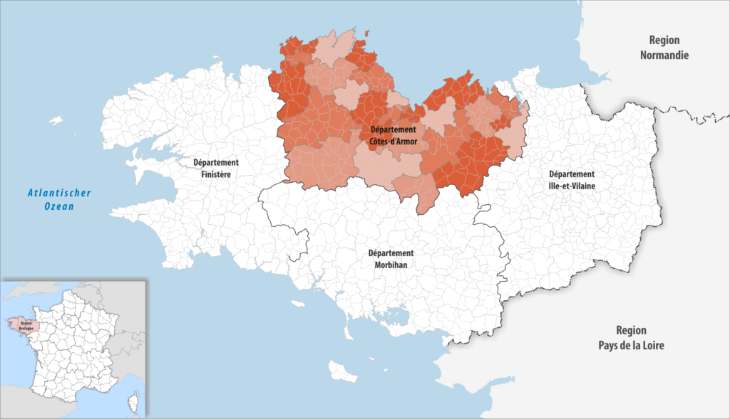 Carte de localisation des Côtes-d’Armor dans la région Bretagne.
