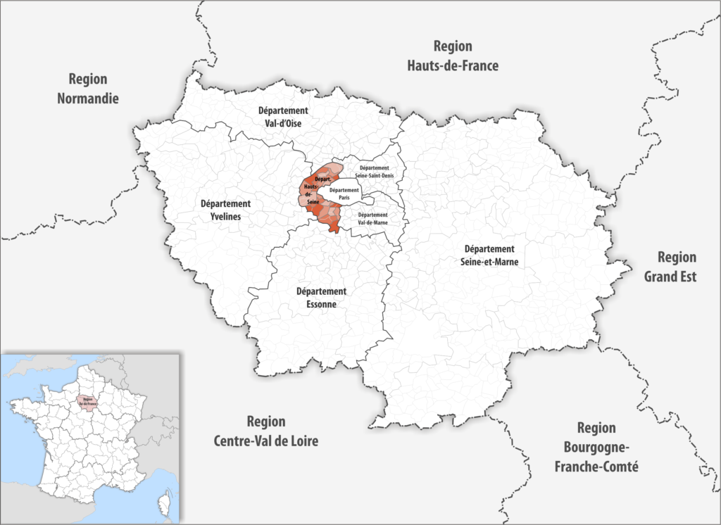 Carte de localisation des Hauts-de-Seine dans la région Île-de-France.