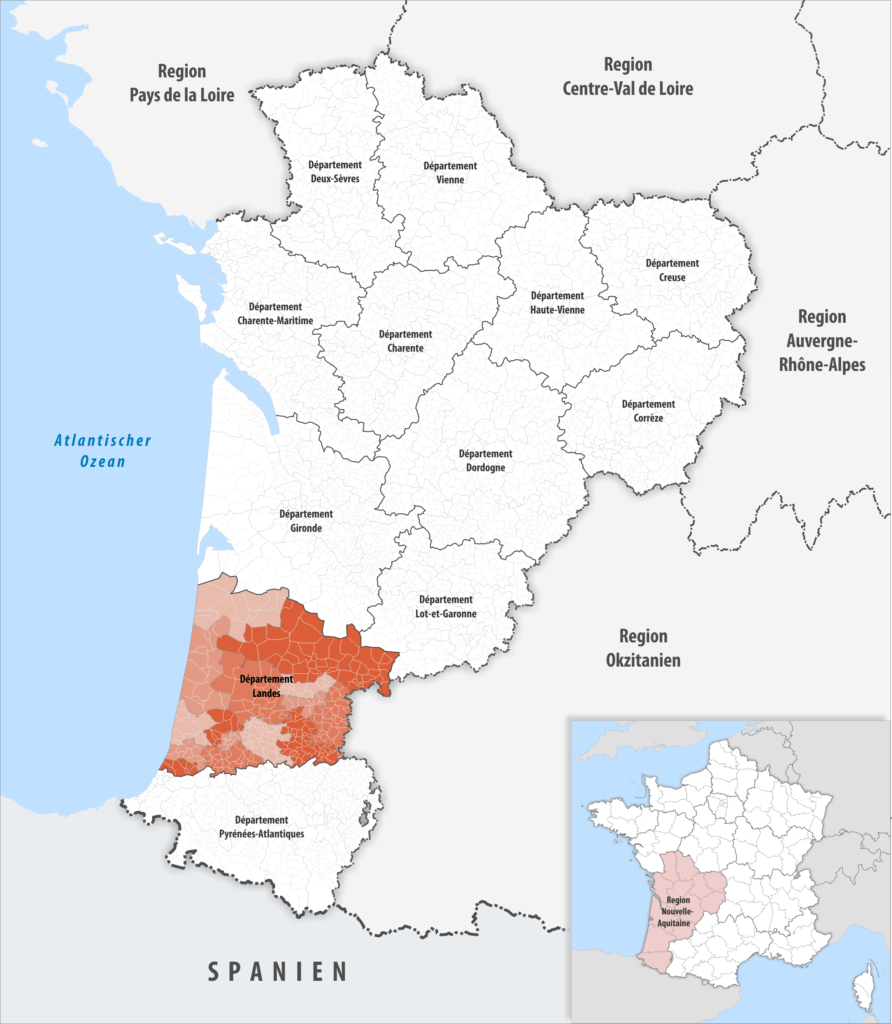 Carte de localisation des Landes dans la région Nouvelle-Aquitaine.