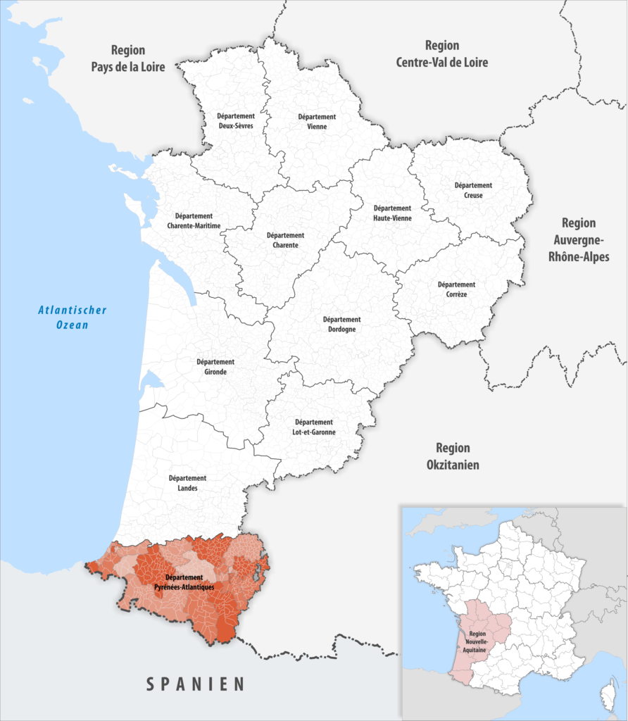 Carte de localisation des Pyrénées-Atlantiques dans la région Nouvelle-Aquitaine.