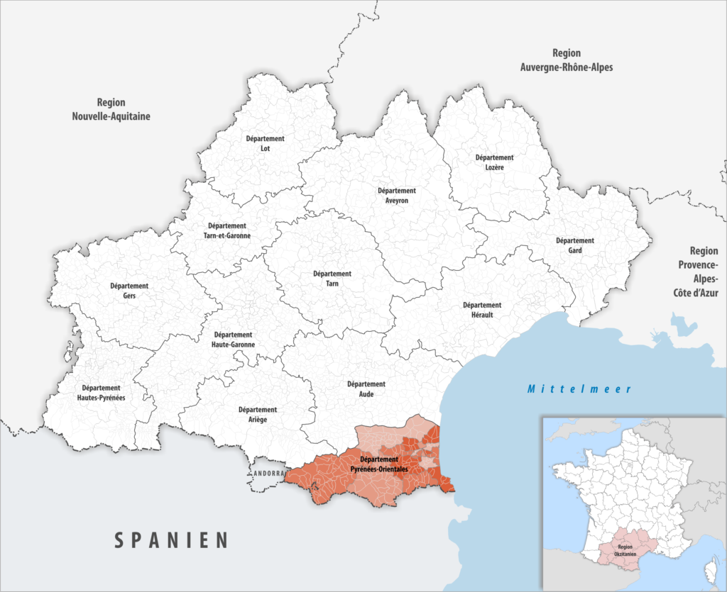 Carte de localisation des Pyrénées-Orientales dans la région Occitanie.