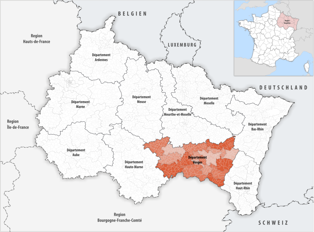 Carte de localisation des Vosges dans la région Grand Est.