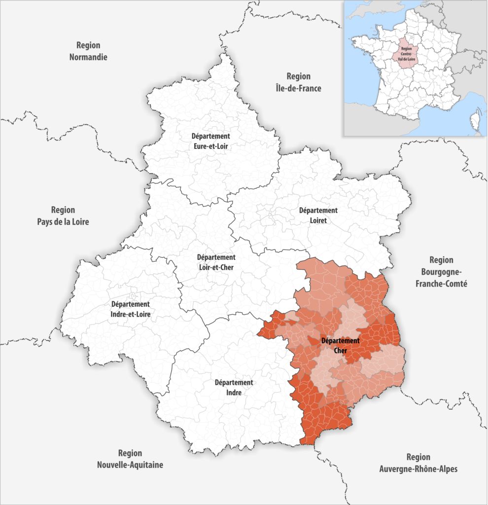 Carte de localisation du Cher dans la région Centre-Val de Loire.