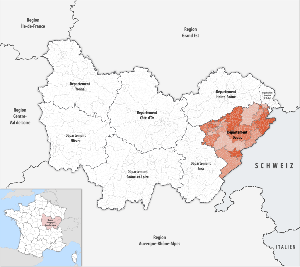 Carte de localisation du Doubs dans la région Bourgogne-Franche-Comté.