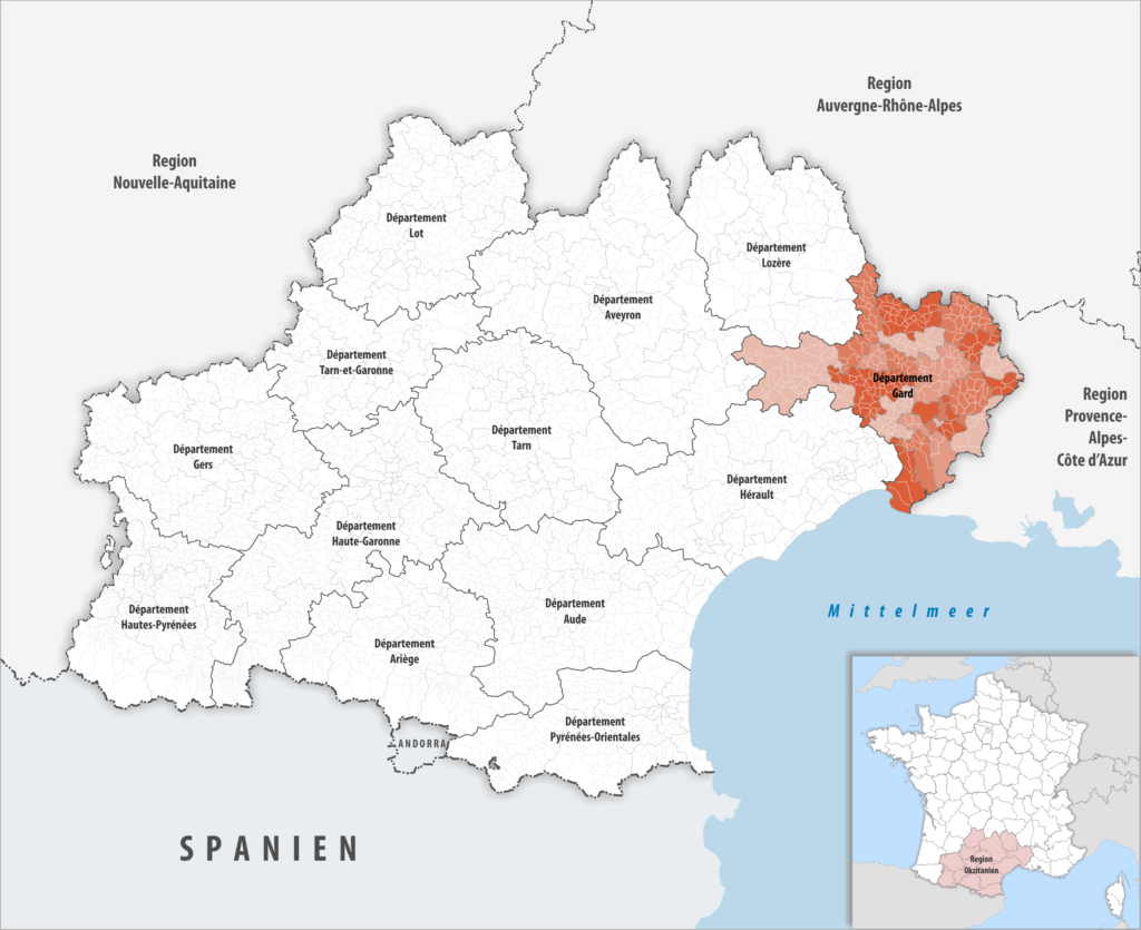 Carte de localisation du Gard dans la région Occitanie.