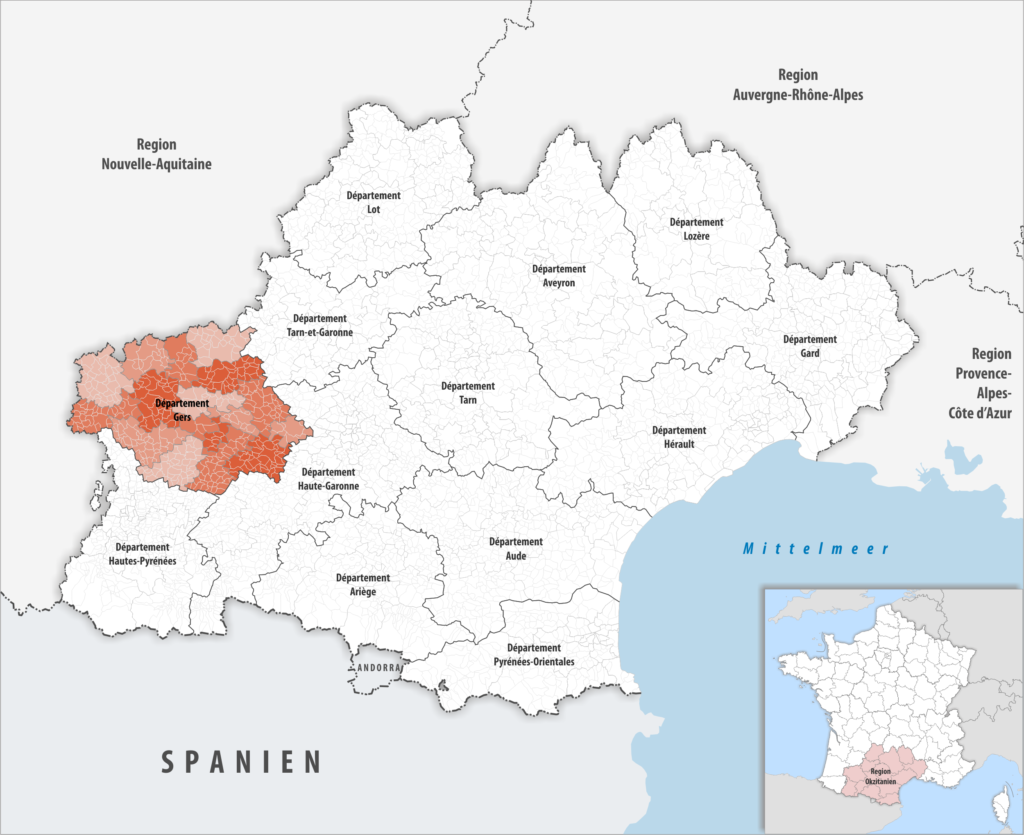 Carte de localisation du Gers dans la région Occitanie.